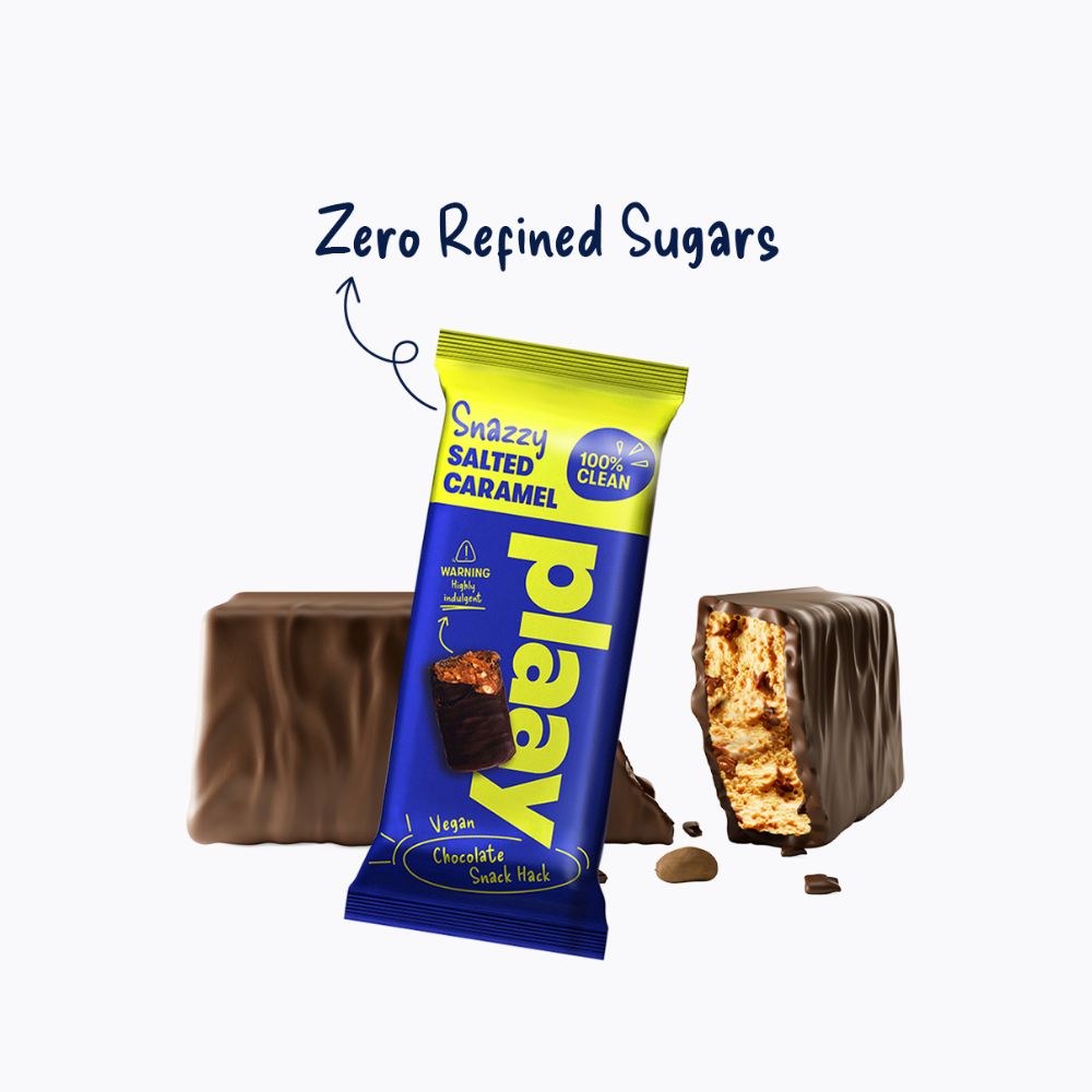 Shazzy Salted Caramel Playzy chocolate bar packaging with 'Zero Refined Sugars' text on a white background.