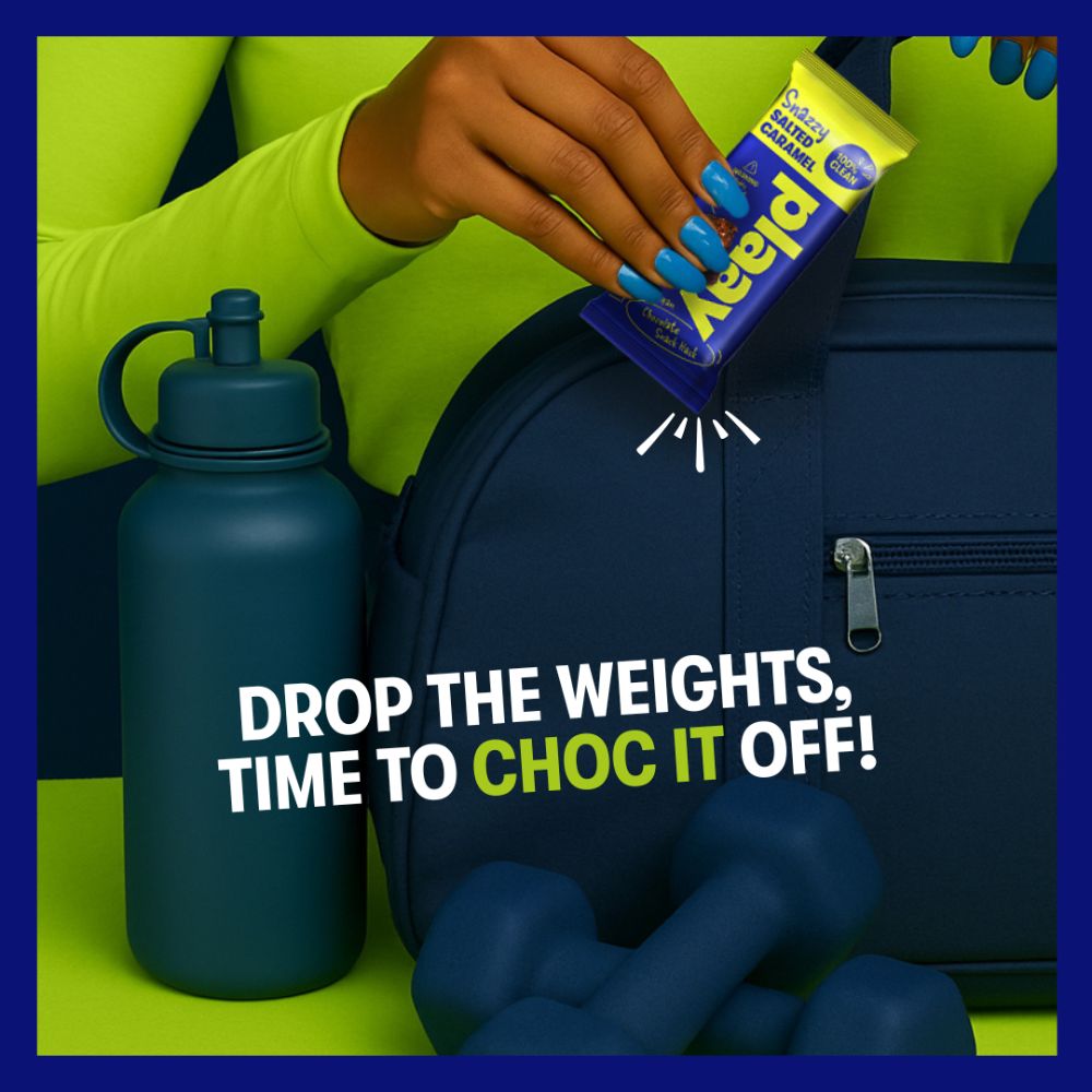 Person opening a Nestle KitKat bar with text 'Drop the weights, time to choc it off!' next to a water bottle and backpack.