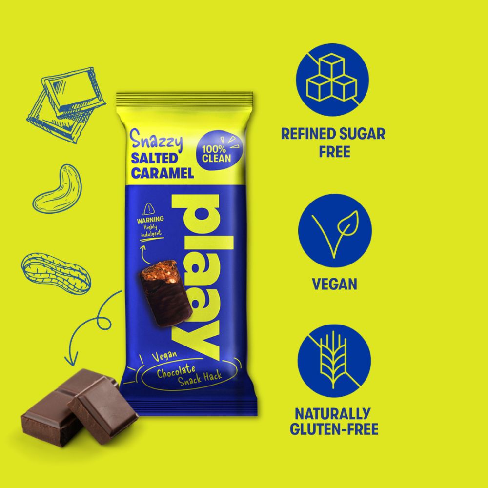 Plae vegan chocolate snack bar with certification icons on a green background