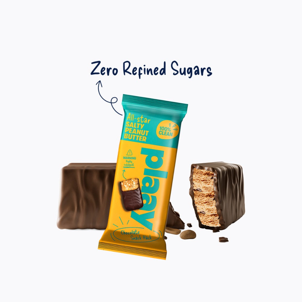 Peanut butter bar with chocolate coating and 'Plae' branding on a white background