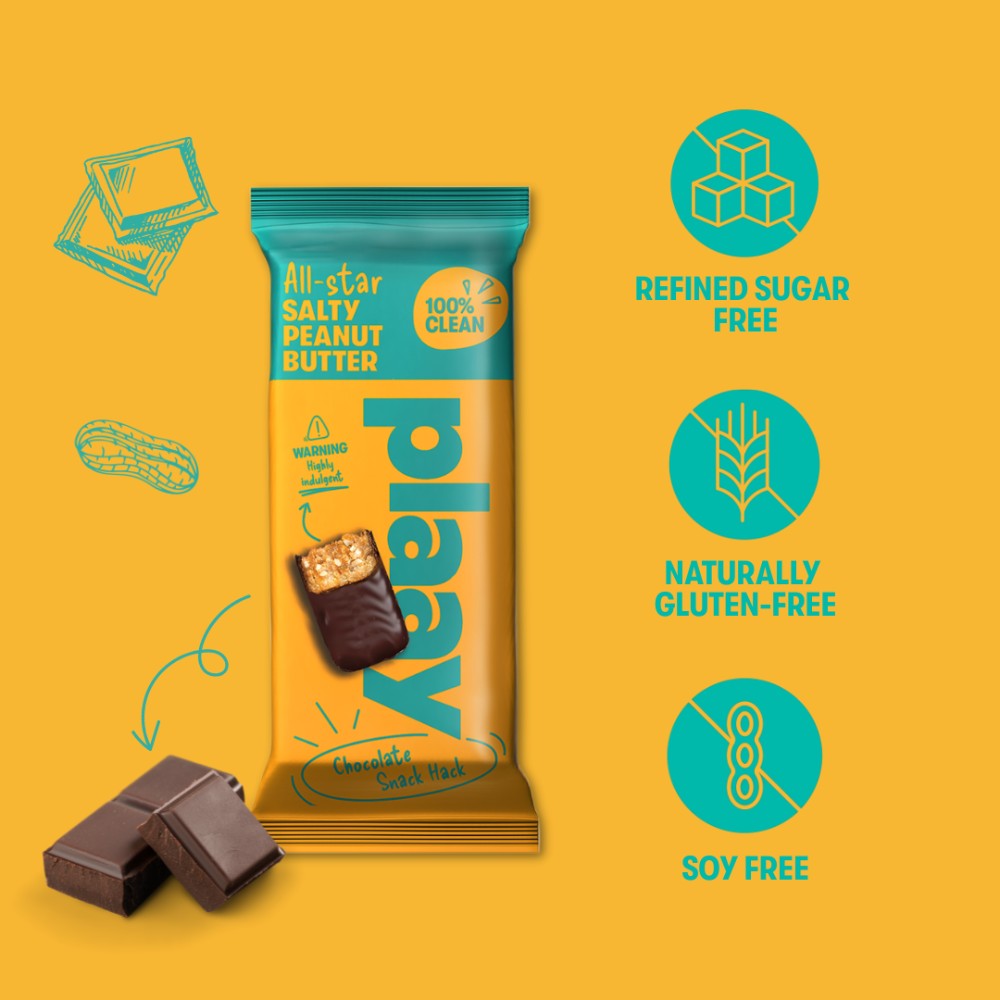 Peanut butter bar packaging with allergen-free icons on a yellow background