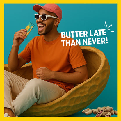 Man sitting inside a large cocoa bean with text 'Butter Late Than Never' on a blue and yellow background