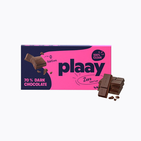 Box of plaay 70% dark chocolate on a white background