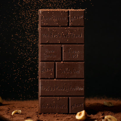 Stack of chocolate bars with humorous text on a dark background