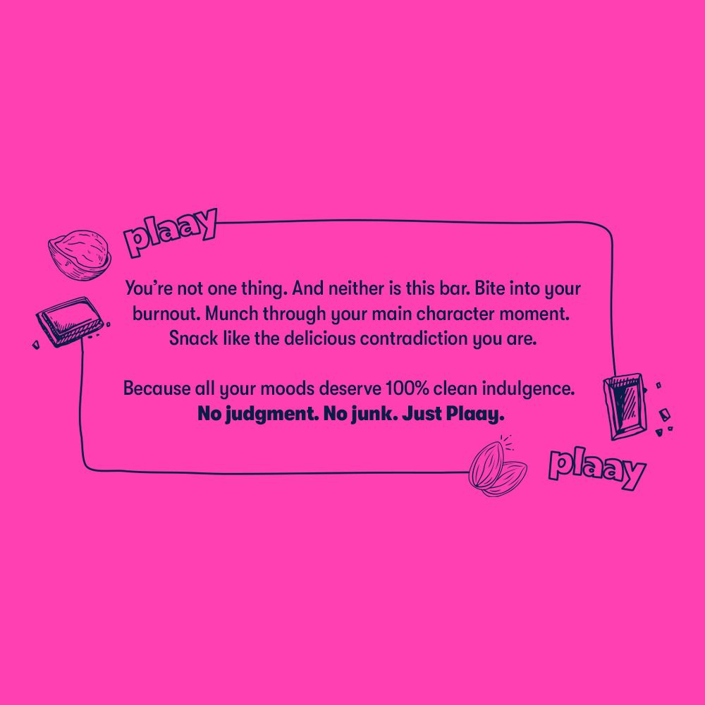 Pink background with text and snack illustrations for a brand called 'plaay'.