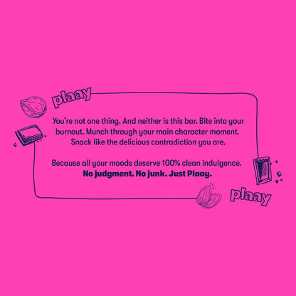 Pink background with text and snack illustrations for a brand called 'plaay'.