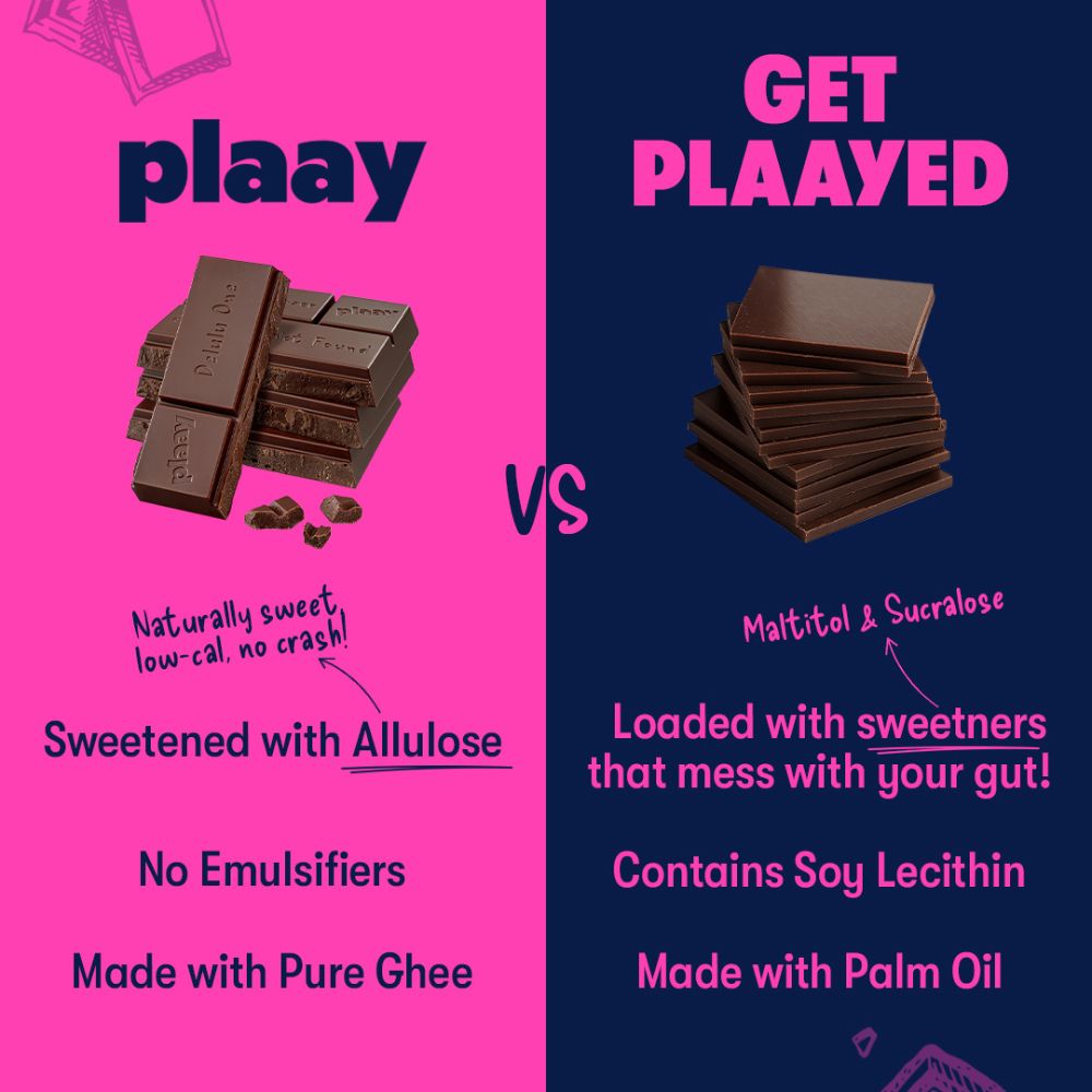 Comparison between plaay chocolate and another brand on a pink and blue background.