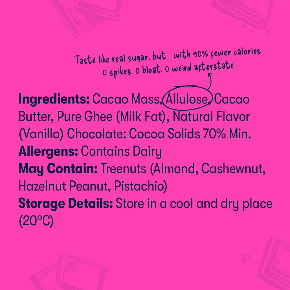 Product label with ingredients and allergen information on a pink background
