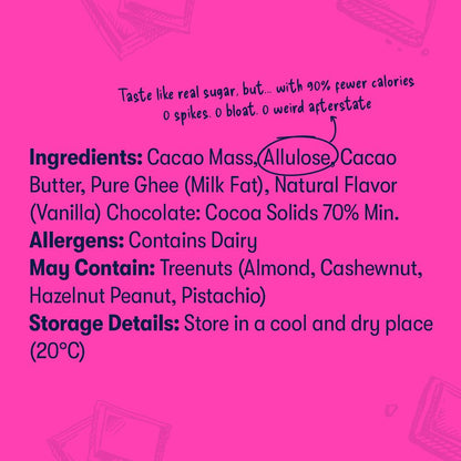 Product label with ingredients and allergen information on a pink background