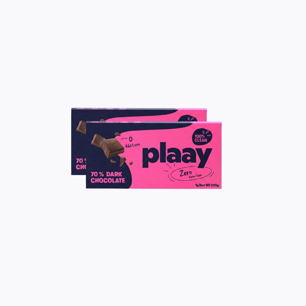 Two bars of plaay 70% dark chocolate on a white background