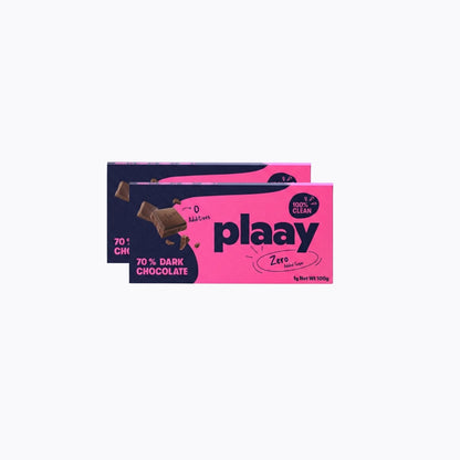 Two bars of plaay 70% dark chocolate on a white background