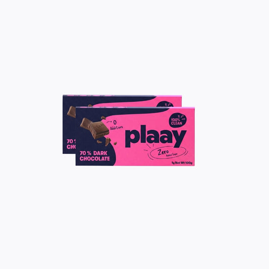 Two bars of plaay 70% dark chocolate on a white background