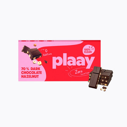 Box of plaay 70% dark chocolate hazelnut on a white background