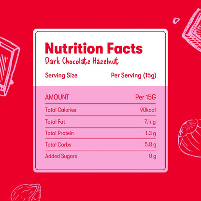 Nutrition facts label for dark chocolate hazelnut on a red background