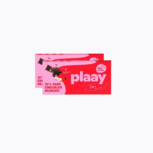 Two plaay chocolate bars with pink packaging on a white background