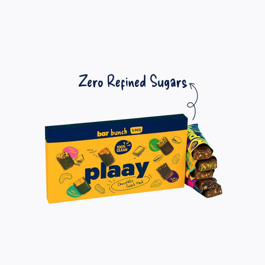 Box of plaay chocolate snack bars with a white background