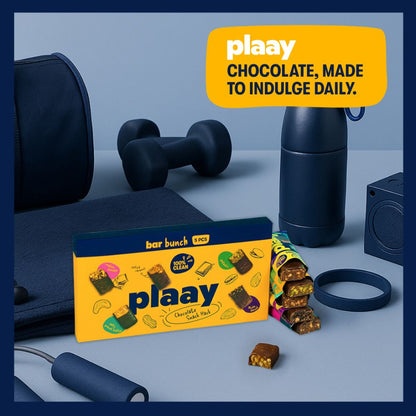 plaay chocolate packaging with fitness equipment on a blue background