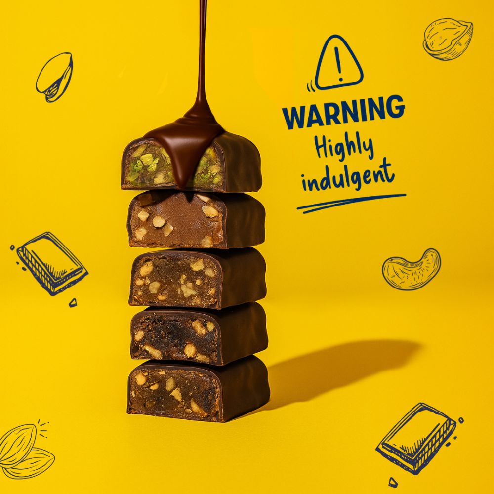 Stack of chocolate bars with a warning label on a yellow background