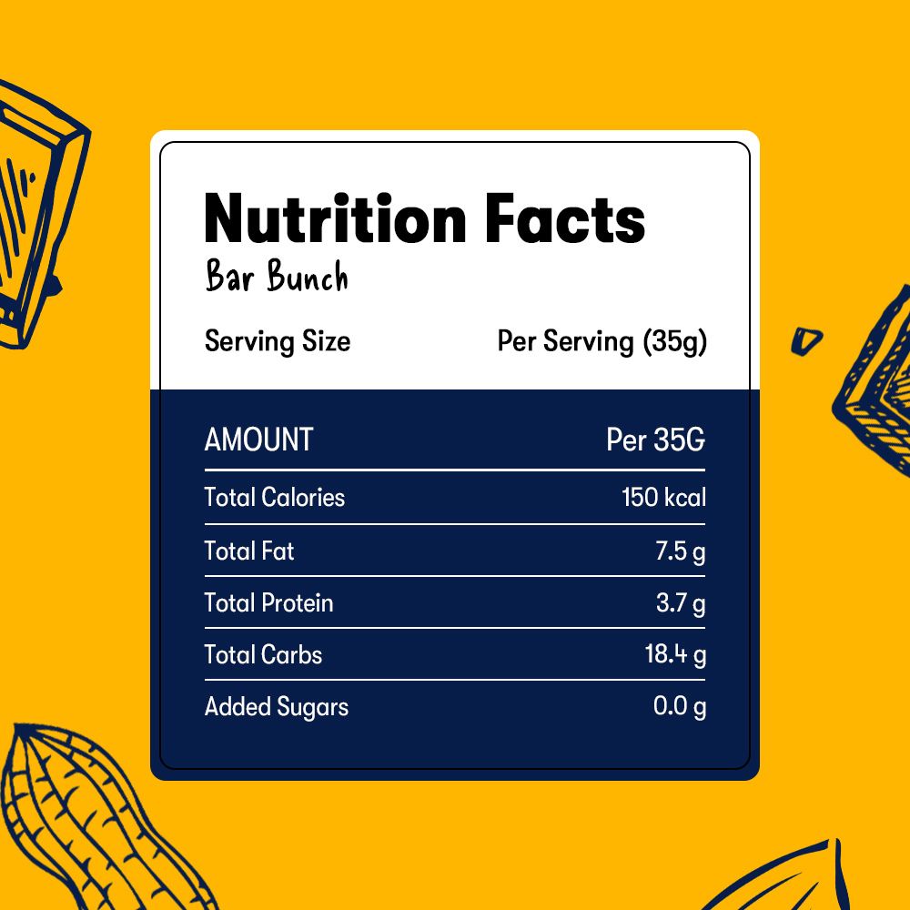 Nutrition facts label for 'Bar Bunch' on a yellow background with snack illustrations.
