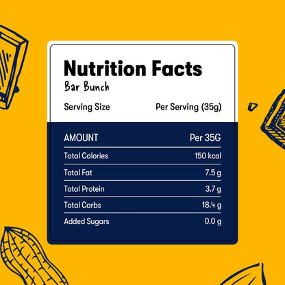 Nutrition facts label for 'Bar Bunch' on a yellow background with snack illustrations.