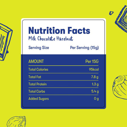 Nutrition facts label for milk chocolate hazelnut on a yellow background with illustrations.