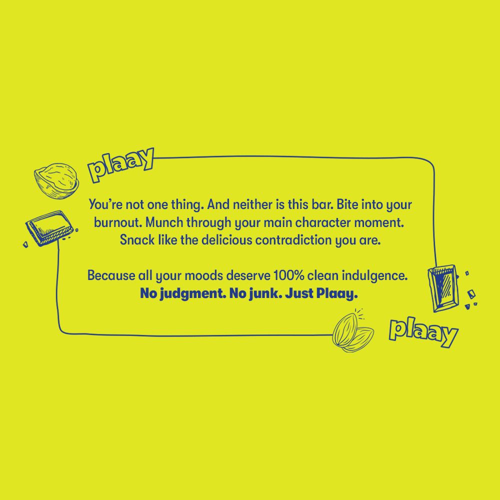 Advertisement for Plaay snacks on a yellow background with text and snack illustrations.