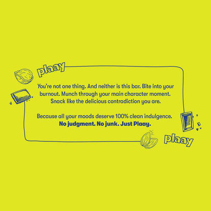Advertisement for Plaay snacks on a yellow background with text and snack illustrations.