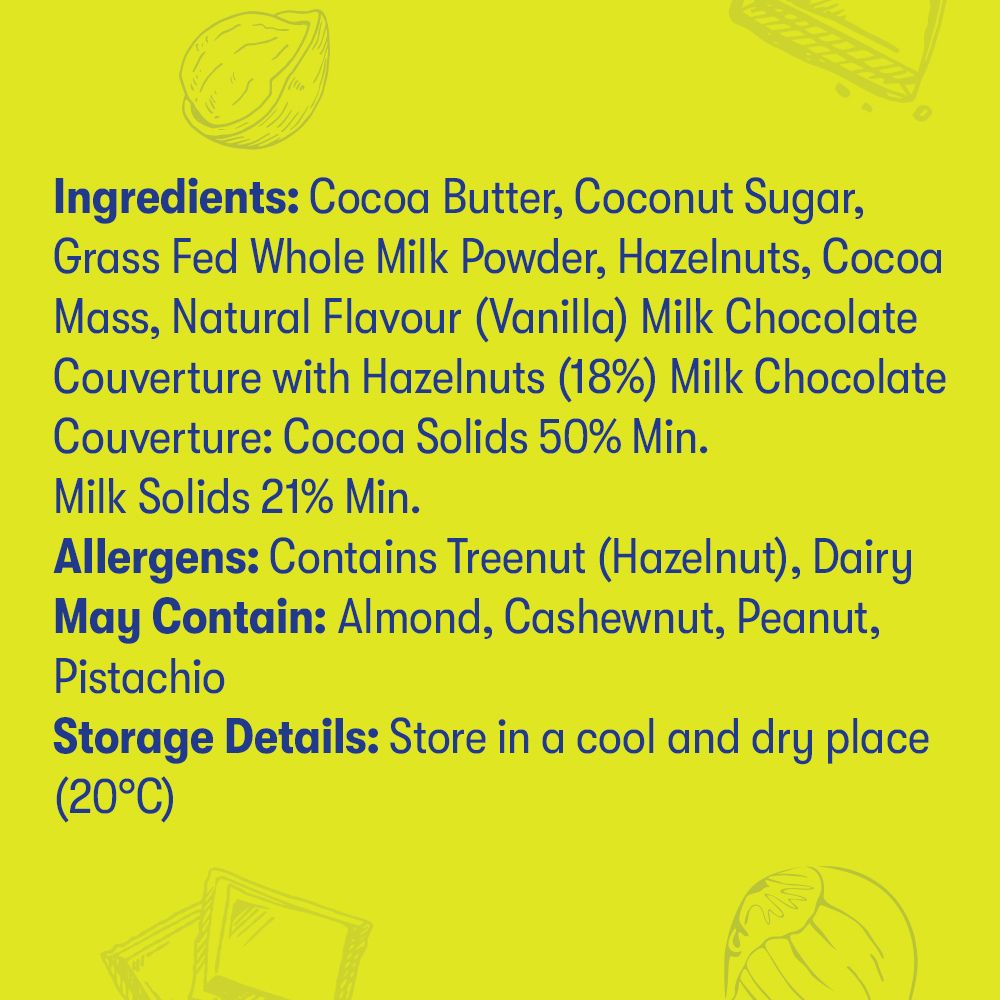 Ingredients list and storage details on a green background