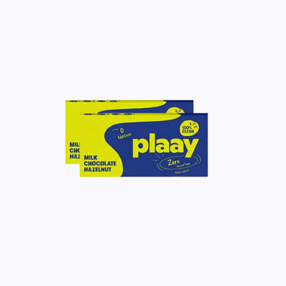 Two packs of Plaay milk chocolate hazelnut on a white background