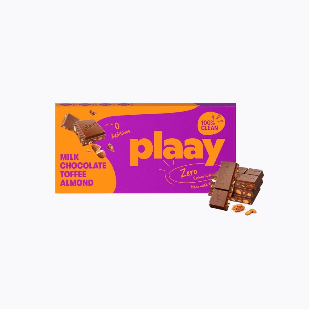 Box of plaay chocolate bars with a white background