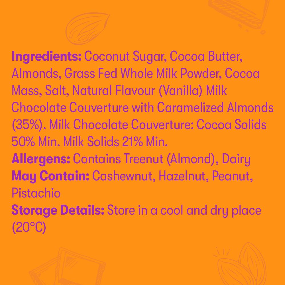 Ingredients list and allergen information on a bright orange background with almond illustrations.