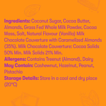 Ingredients list and allergen information on a bright orange background with almond illustrations.