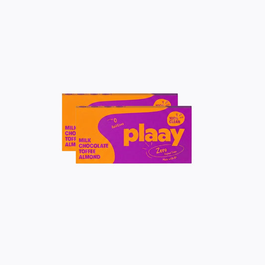 Two plaay chocolate bars on a white background