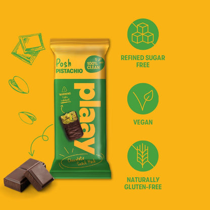Green chocolate snack bar packaging with 'Posh Pistachio' flavor on a yellow background, featuring health benefits icons.