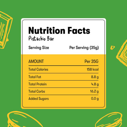 Nutrition facts label for a pistachio bar on a green background with illustrations of pistachios.