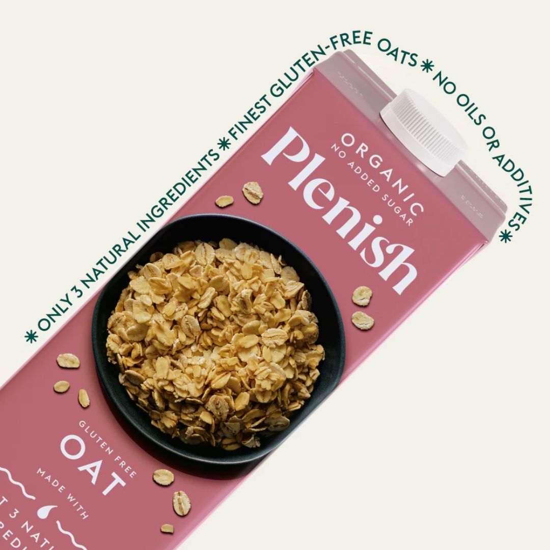 Plenish organic oat cereal packaging with a bowl of oats on a white background