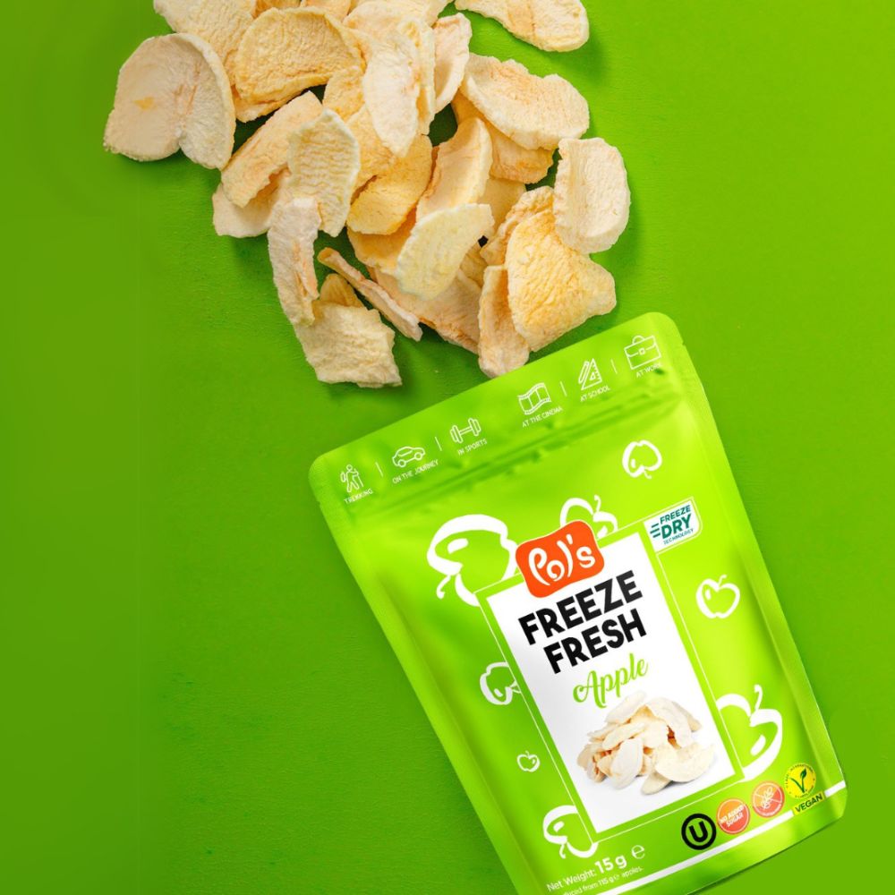 Green packaging of Pol's Freeze Fresh Apple chips on a green background