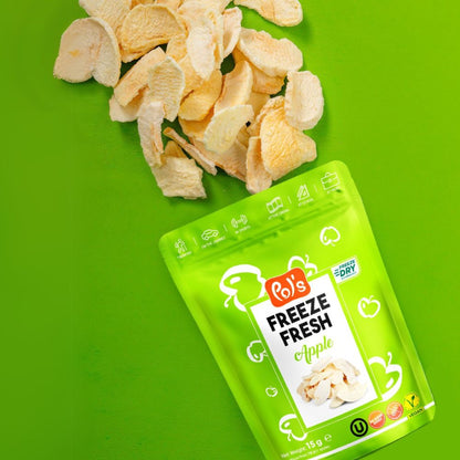 Green packaging of Pol's Freeze Fresh Apple chips on a green background