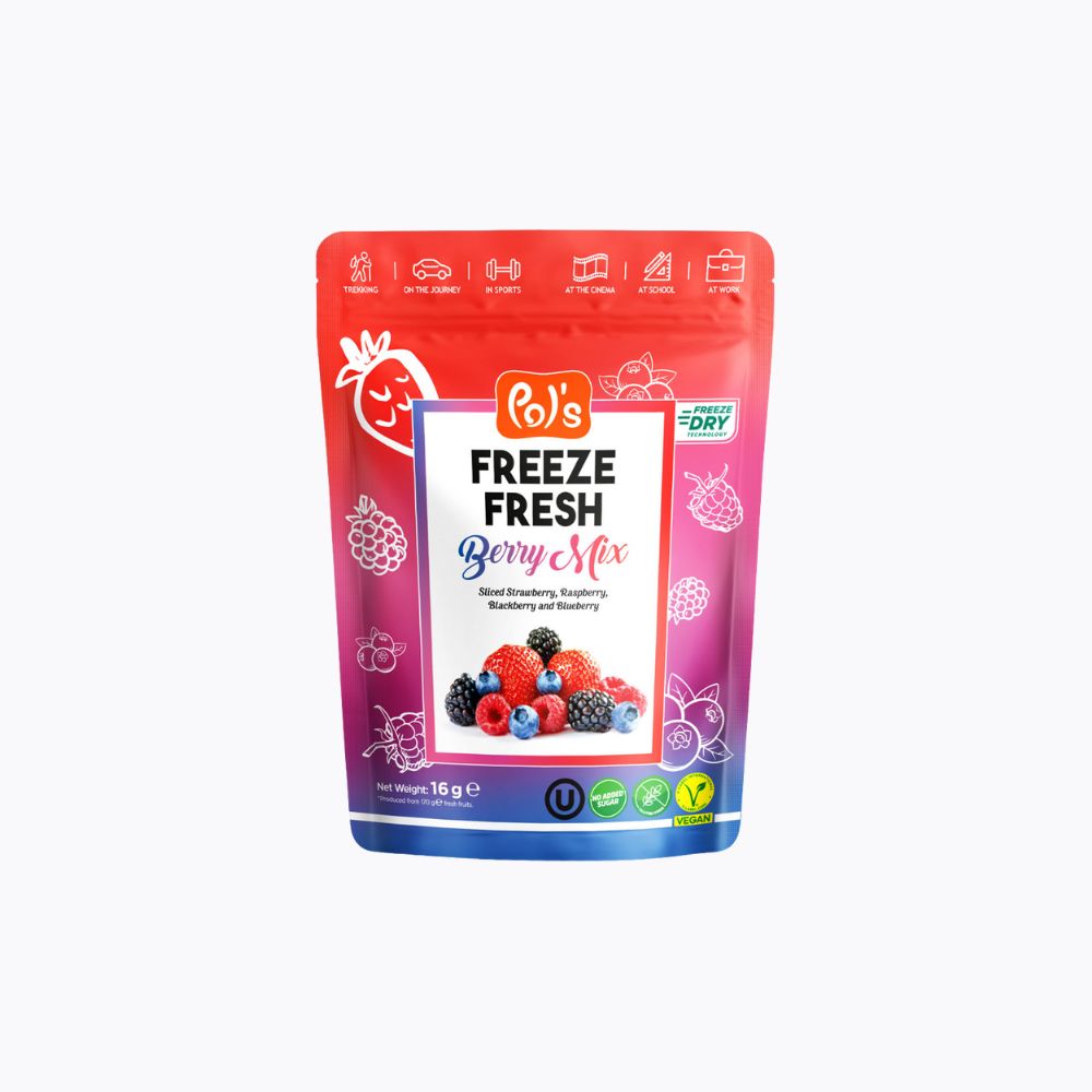 Bag of freeze-dried berry mix with branding on a white background