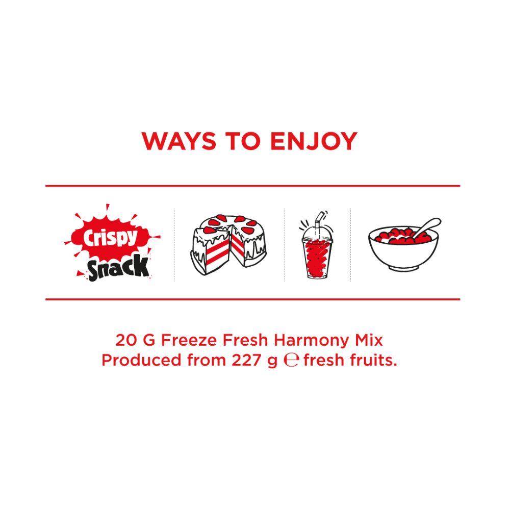 Promotional graphic for Crispy Snack Freeze Fresh Harmony Mix, showing the brand logo and text 'WAYS TO ENJOY' above four simple illustrations of a cake slice, a drink, a bowl, and the snack itself, with product details below on a white background.
