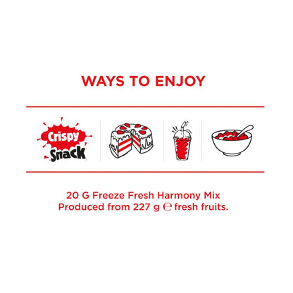 Promotional graphic for Crispy Snack Freeze Fresh Harmony Mix, showing the brand logo and text 'WAYS TO ENJOY' above four simple illustrations of a cake slice, a drink, a bowl, and the snack itself, with product details below on a white background.