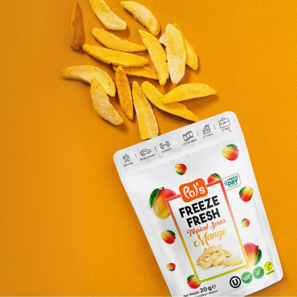 Packaged freeze-dried mangoes on an orange background with a visible brand label.