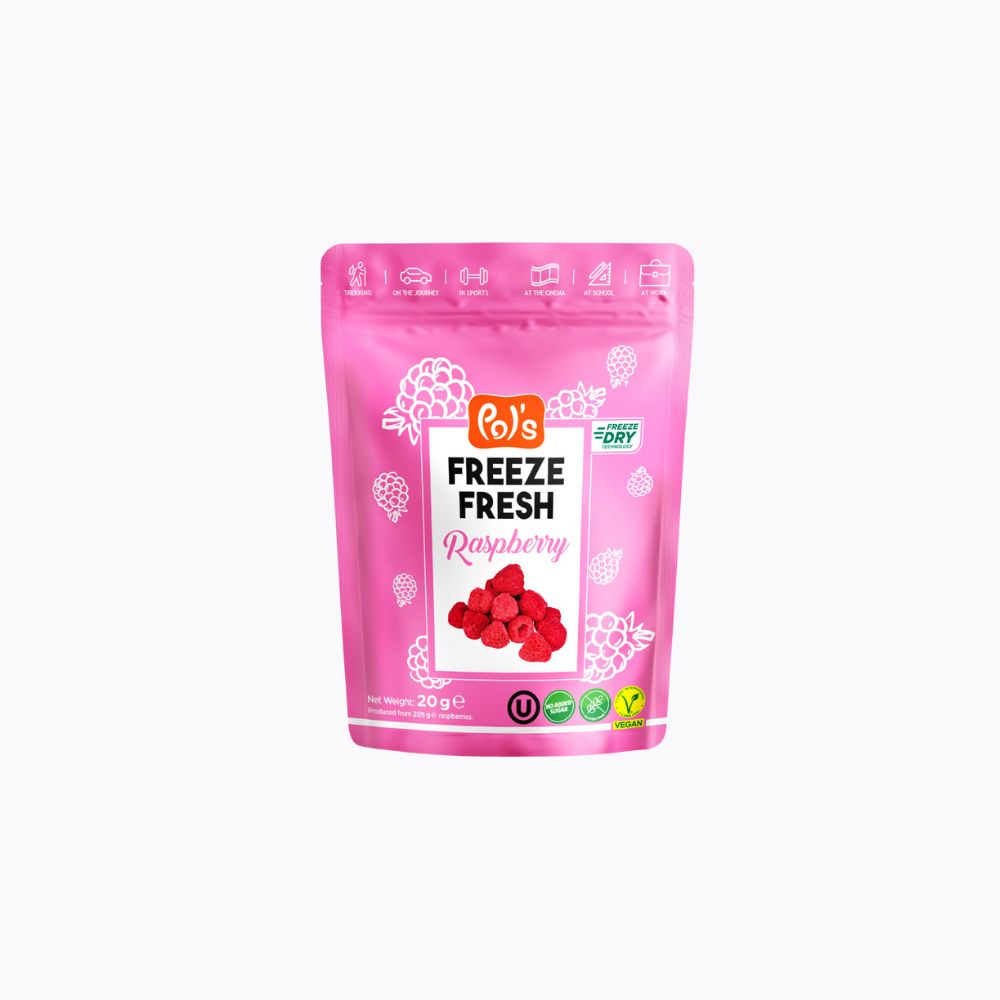 Pink package of freeze-dried raspberries with 'Pop's' branding on a white background