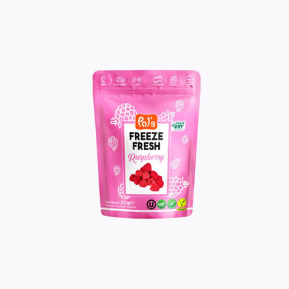 Pink package of freeze-dried raspberries with 'Pop's' branding on a white background