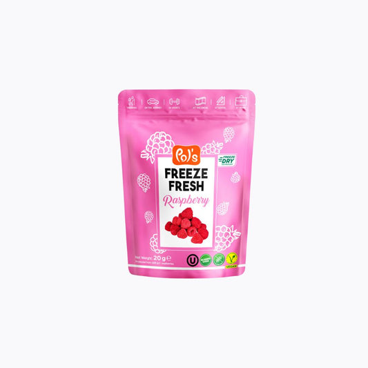 Pink package of freeze-dried raspberries with 'Pop's' branding on a white background