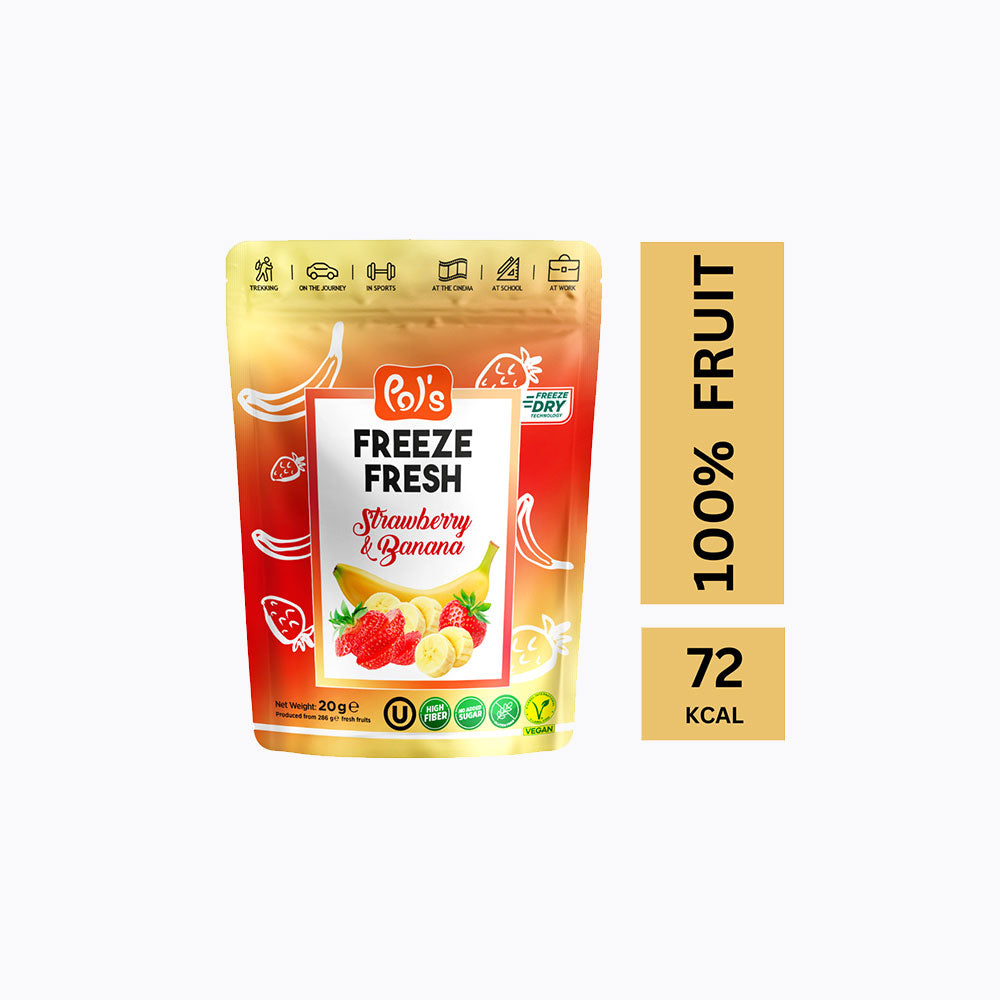 A stand-up pouch of Co's Freeze Fresh Strawberry and Banana mix, shown on a light gray background with two vertical tan callout panels reading '100% FRUIT' and '72 KCAL'. The pouch is orange and yellow with fruit illustrations and the Co's logo at the top.