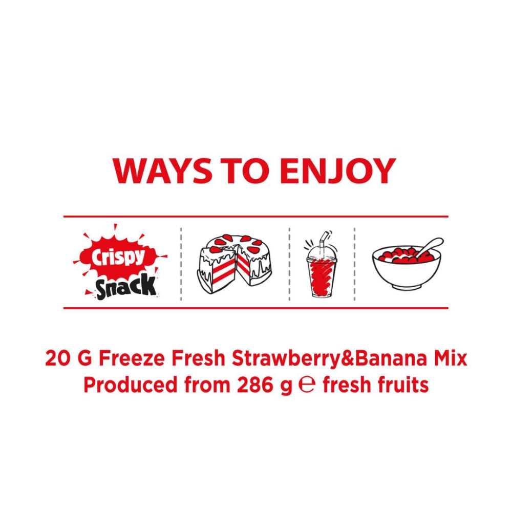 A white graphic with red text reading 'WAYS TO ENJOY' and '20 G Freeze Fresh Strawberry&Banana Mix Produced from 286 g e fresh fruits,' plus small icons for Crispy Snack, a slice of cake, a drink, and a bowl.