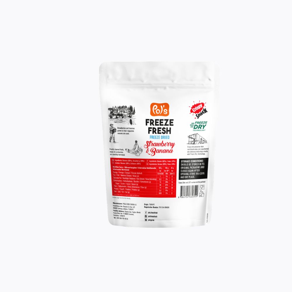 A stand-up pouch of Bo's Freeze Fresh Strawberry & Banana Freeze Dried Fruit on a plain white background.