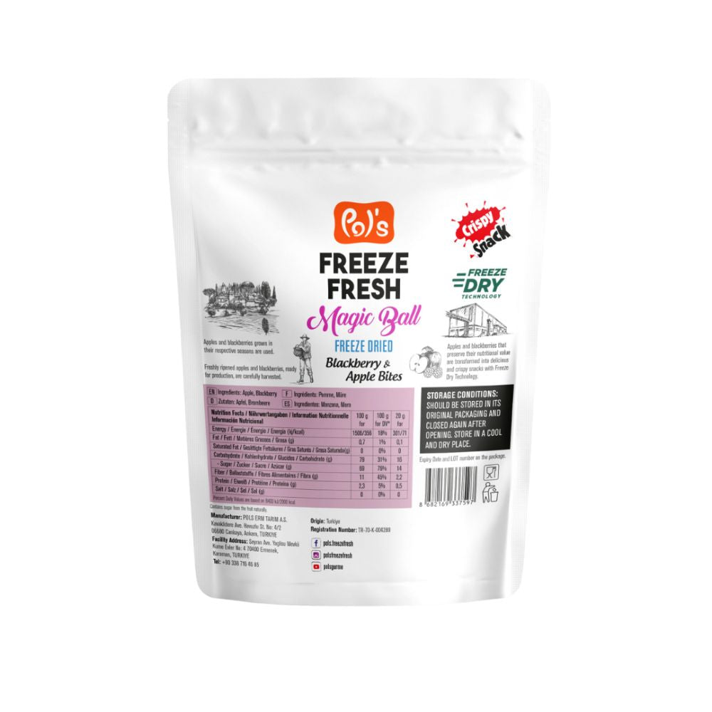 A stand-up pouch of Po's Freeze Fresh Magic Ball freeze-dried fruit snacks, specifically Blackberry & Apple Bica, on a plain white background.
