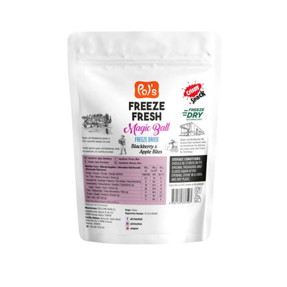 A stand-up pouch of Po's Freeze Fresh Magic Ball freeze-dried fruit snacks, specifically Blackberry & Apple Bica, on a plain white background.